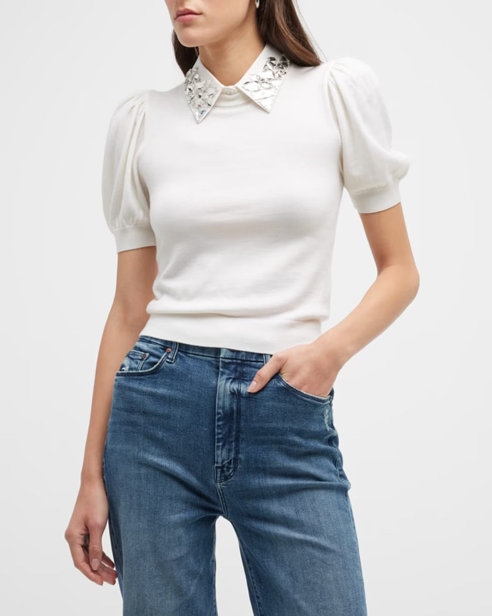 Alice & Olivia Ciara Embellished-Collar Puff-Sleeve Knit Sweater White Womens S
